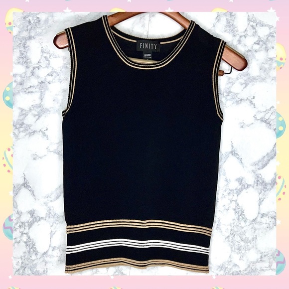 Vintage Tops - FINITY 90s Intarsia Rib Knit Sweater Vest Women’s Medium Black Tan White Trim